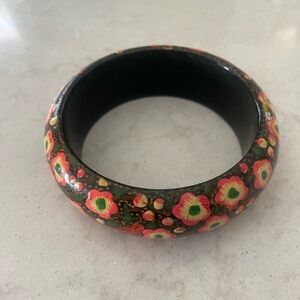 Vintage Hand-Painted Multi-color Floral Black Wood Bangle Bracelet